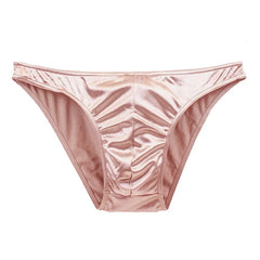 A pair of pink satin men's briefs with a silky finish and a contoured front pouch.