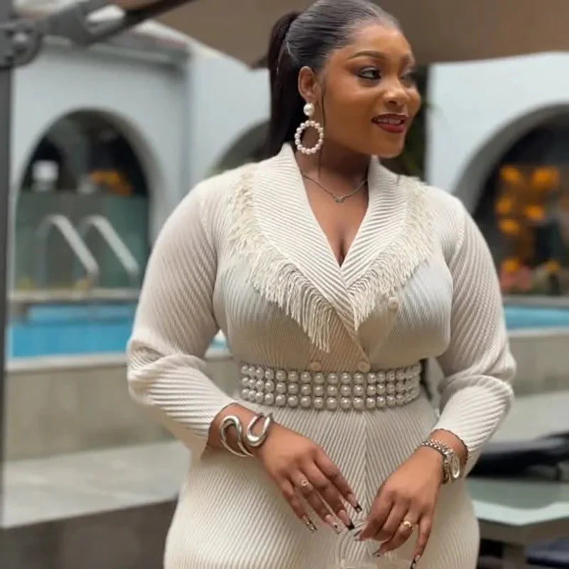 Miyake Folds Fall/Winter 2024 New Fringe Suit Lapel Lace-up Coat With Straight Skirt Two-piece Set SHOWLU FASHION STORE