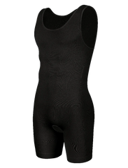 A black sleeveless men's compression bodysuit designed for slimming and body shaping.