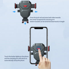 A black universal car phone holder with adjustable clamping arms and a touch-sensitive release button.