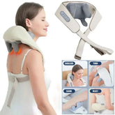 A beige wearable neck and shoulder massager shown in use on the shoulders, thighs, legs, and waist.
