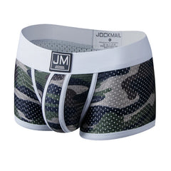 Men's camouflage print mesh boxer briefs with a white waistband and a JOCKMAIL logo patch.