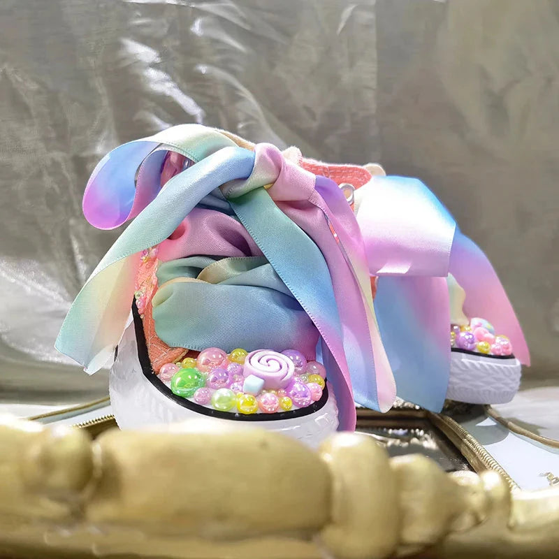 Random Lollipop Rainbow Candy Canvas Simulation DIY Kids Pearls Sneakers For Girl Birthday Party Dollbling Handmade Bling Shoes SHOWLU FASHION STORE