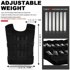 A black adjustable weight vest with slots for 48 included steel plates and labeled dimensions.