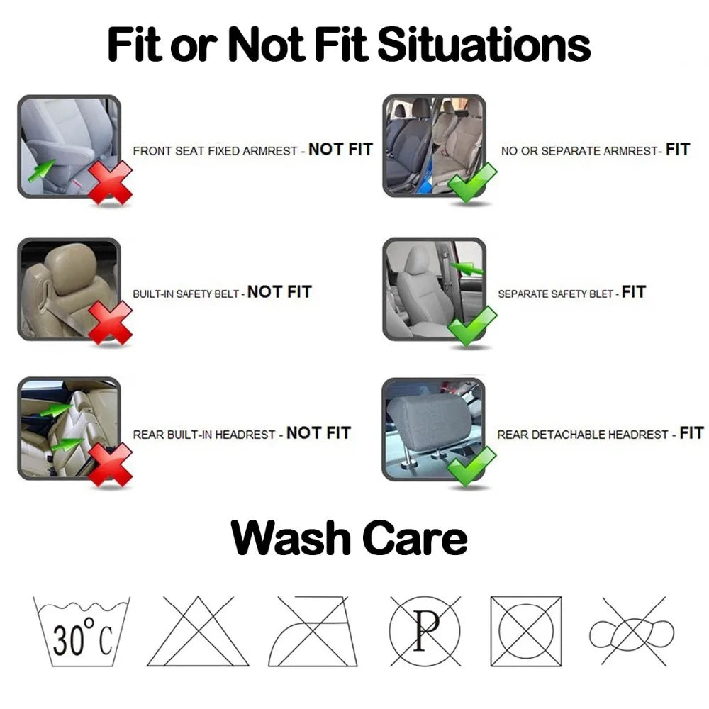An infographic showing car seat compatibility and wash care instructions for seat covers.