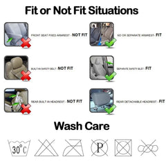 An infographic showing car seat compatibility and wash care instructions for seat covers.
