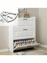 Stainless steel double-layer rotating shoe cabinet hinges shown with a white shoe storage unit.