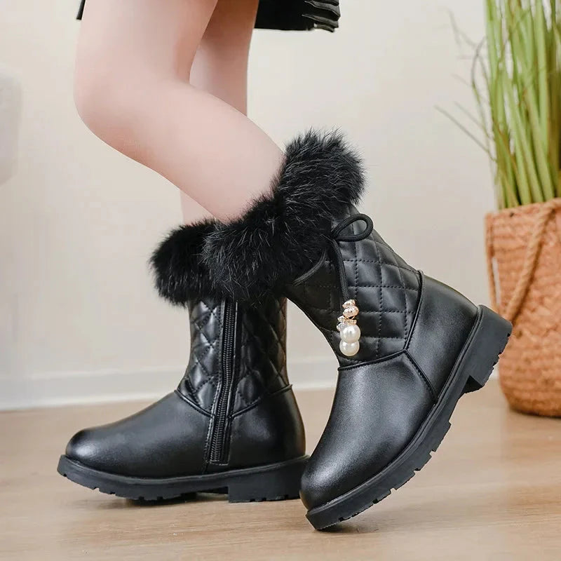 Girls Princess Boots Warm Shoes for Winter Kids Long Boots with Fur 2024 New Fashion Sweet Girls Leather Snow Boots with Bow SHOWLU FASHION STORE