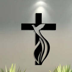 A minimalist black metal wall art piece featuring a dove silhouette integrated with a cross.