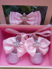 Dollbling Girls Pink Crown Ballerina Baptism Shoes Infant Dazzling Shoes Dress Handmade Mommy Daughter Outfit Bling Botties