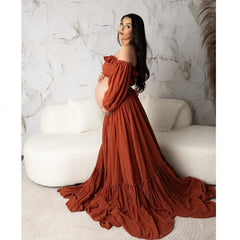 Bohemian Photo Shooting Pregnancy Dress 2 Pieces Set Linen Cotton Retro Fitting Maternity Dress Fancy Photography Gowns