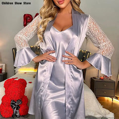 Women Rayon Bathrobe Gown Sleep Set Sexy Lace Sleeve Kimono Sleepwear Nightgown Lady Robe Suit Summer Homewear Sleepdress