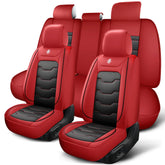 A set of red and black artificial leather car seat covers for a five-seater vehicle.