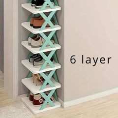 A six-layer vertical shoe rack with white shelves and teal X-shaped supports.
