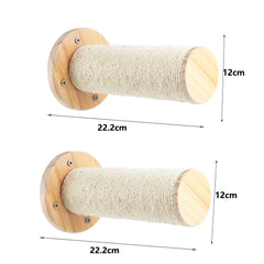 Two wall-mounted cat scratching posts made of wood and sisal rope, each measuring 22.2cm by 12cm.