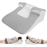 An ergonomic wedge pillow with a contoured top, shown in use by people lying prone and supine.