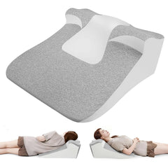 An ergonomic wedge pillow with a contoured top, shown in use by people lying prone and supine.