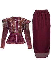 A burgundy two-piece set featuring a beaded, fringed peplum jacket and a matching long skirt.