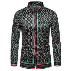 A long-sleeved men's button-down shirt featuring a black, green, and white geometric chain print.