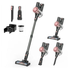 A Homeika cordless vacuum cleaner shown with its various attachments and configurations.