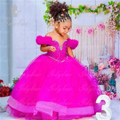 Flower Girl Dresses Red Kids Birthday Sheer Neck Pleated Ruffles Tiered Tulle Ball Gowns for Wedding