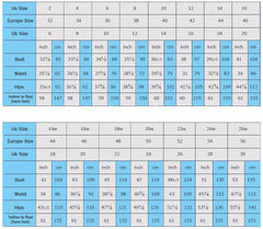 A size chart table for women's wedding dresses showing US, Europe, and UK sizing measurements.