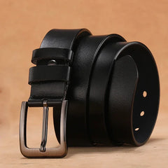 A black genuine leather belt for men featuring a rectangular metal pin buckle.