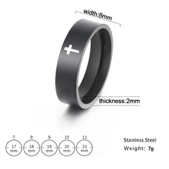A black stainless steel ring featuring a white cross design with sizing and dimension details.