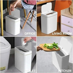 A white smart trash can with an automatic sensor lid shown in four different home settings.