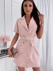 Elegant Office Lady Rose Red Mini Blazer Dress With Belt 2024 New Summer Fashion Double Breasted Short Sleeved Dress For Women SHOWLU FASHION STORE