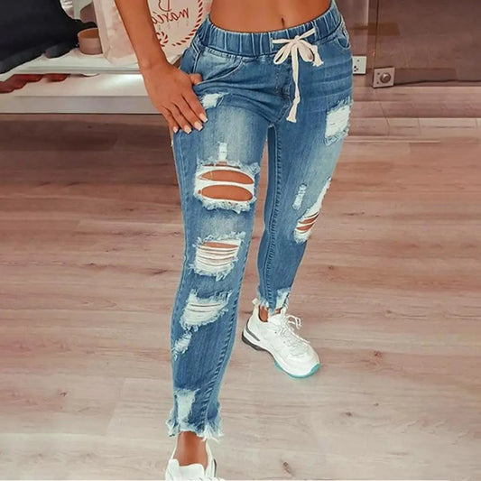 Stretchy Ripped Hole Jeans Women 2024 Straight Denim Trousers Female High Waist All-Match Casual Denim Pants New Streetwear SHOWLU FASHION STORE