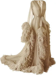 Elegant deep V-neck tulle maternity dress with lace hollow details, long sleeves, feather accents, perfect for photography or special occasions.