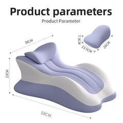 A purple and white memory foam wedge pillow with a detachable headrest and labeled dimensions.