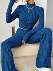 Autumn Knitted Two Piece Set Bodycon Suit Women Tracksuit Long Sleeve Vintage Slim Crop Top Flare Pants Sets Y2k Stretch Outfits