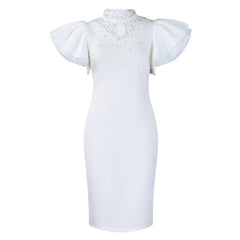 A white knee-length pencil dress with a high collar, beaded neckline, and butterfly sleeves.