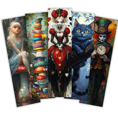 A set of five vertical bookmarks featuring artistic illustrations inspired by Alice in Wonderland.