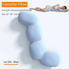 A light blue, segmented caterpillar-shaped body pillow made of ice silk fabric.