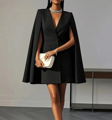 A black double-breasted mini dress with a V-neck and integrated cape sleeves.