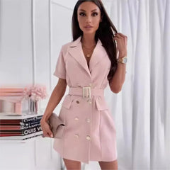 Elegant Office Lady Rose Red Mini Blazer Dress With Belt 2024 New Summer Fashion Double Breasted Short Sleeved Dress For Women SHOWLU FASHION STORE