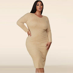 plus Size Casual Knee-Length Dr Women's Clothing Comfortable A-Line Midi Dr Color round Ne Long Sve Dr