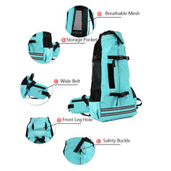 A teal pet carrier backpack with mesh panels, storage pockets, and safety buckles.