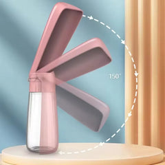 A pink foldable dog water bottle with a hinged bowl shown in various open positions.