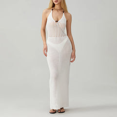 hirigin Women Backless Halter Mini Dress Casual Summer Knit Crochet Cutout Bodycon Party Dress for Beach Club Streetwear