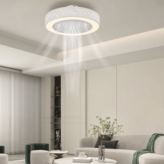 A white flush mount ceiling fan with a decorative floral pattern and integrated LED light.
