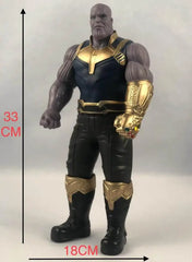 A 33cm Thanos action figure wearing his gold Infinity Gauntlet and dark blue and black armor.
