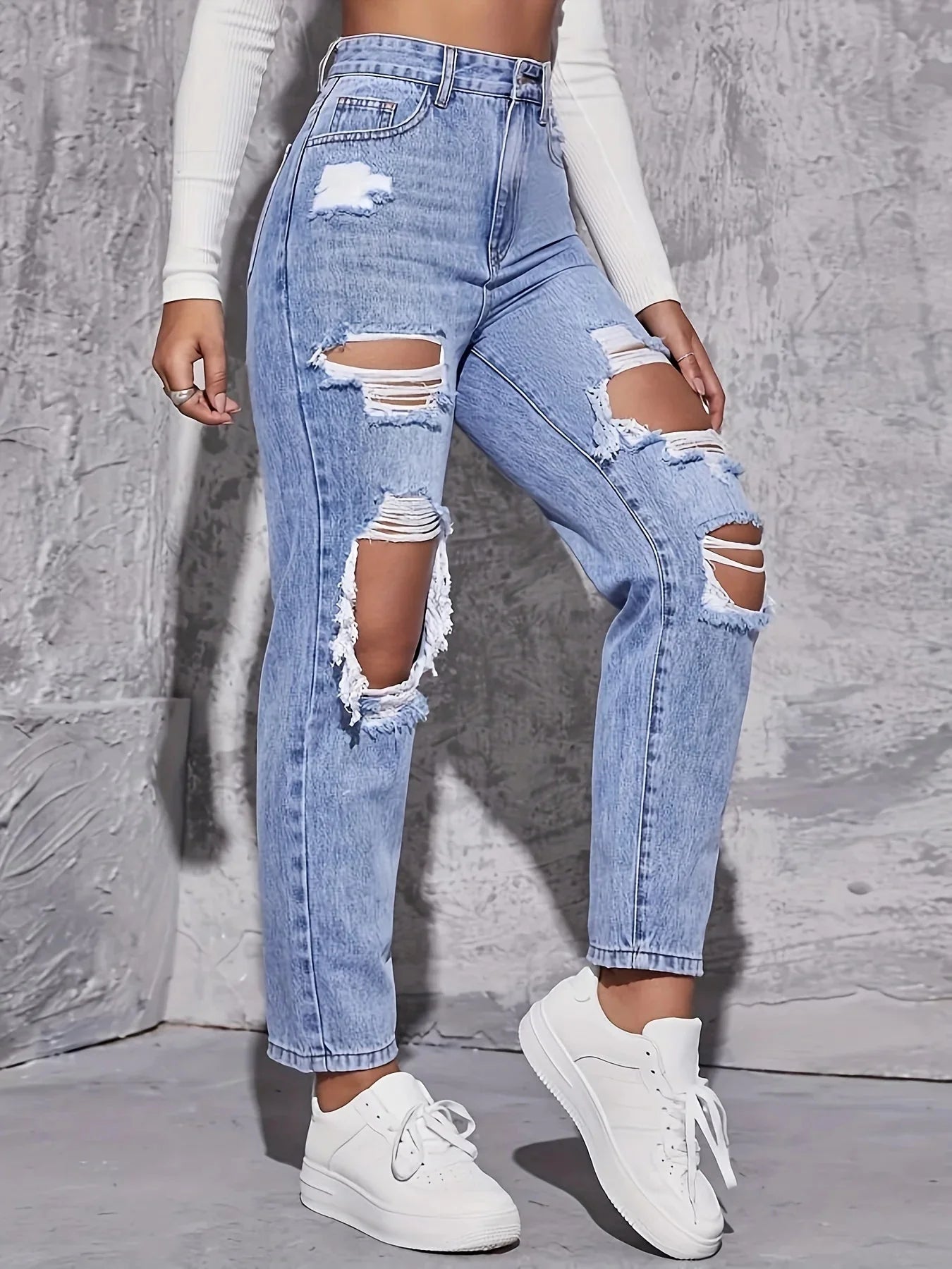 American Retro Hole-punched Jeans Women High Waist Straight-crotch Loose Slim Design High-street Vibe Wide-legged Dragging Pants SHOWLU FASHION STORE