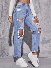 American Retro Hole-punched Jeans Women High Waist Straight-crotch Loose Slim Design High-street Vibe Wide-legged Dragging Pants SHOWLU FASHION STORE