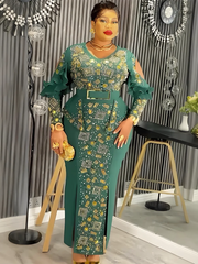 Plus Size African Party Dresses for Women Dashiki Diamond Bodycon Slit Long Dress Elegant Turkey Muslim Wedding Evening Gown