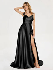2024 New 3 Styles Simple Satin Bridesmaid Dress Cowl Neckline with Tieing Thin Straps Evening Dress Leg Slit A-line Prom Dress SHOWLU FASHION STORE