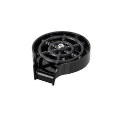 An automatic black glass cup rinser with a circular spray nozzle for kitchen sink installation.
